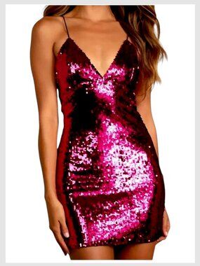 Lulus Sequin Mini Dress Magenta Bodycon Halter Size M